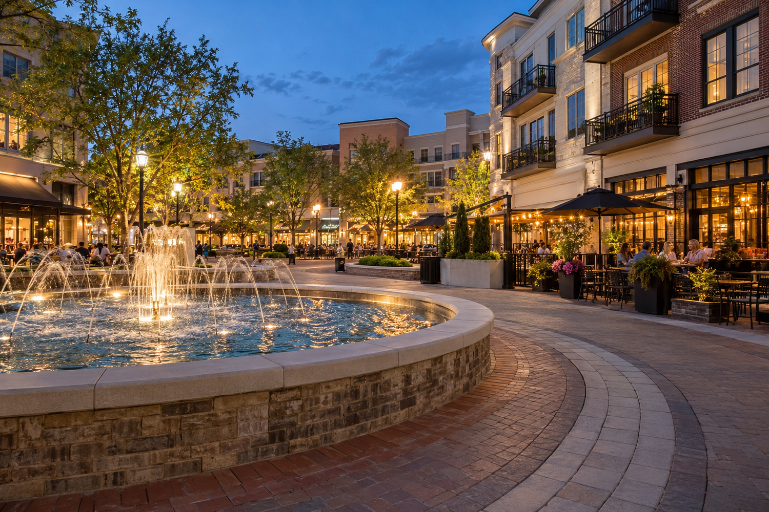 Creekside Plaza fountain and outdoor dining in Gahanna.