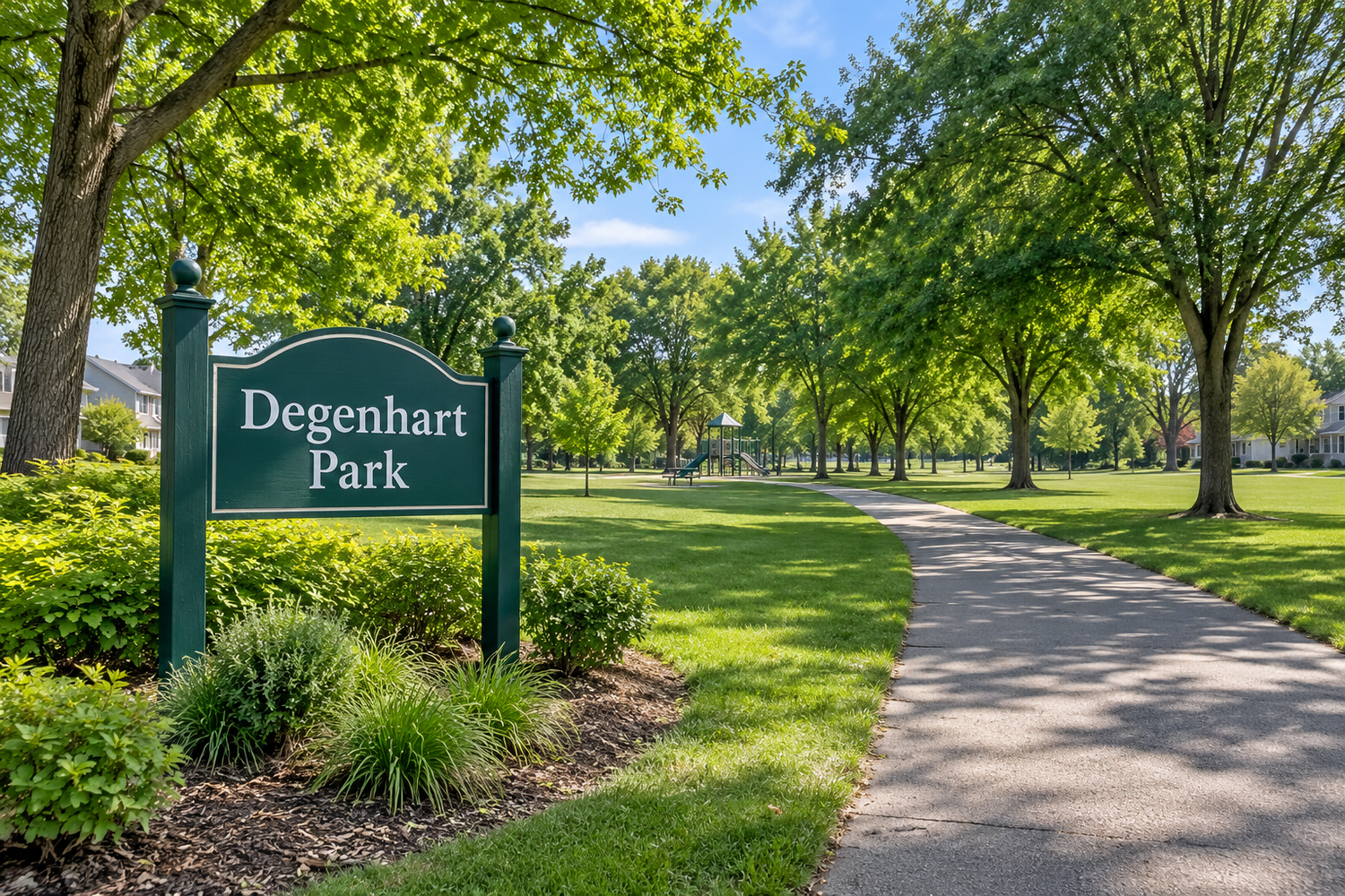 Green space and neighborhood walking path at Degenhart Park.