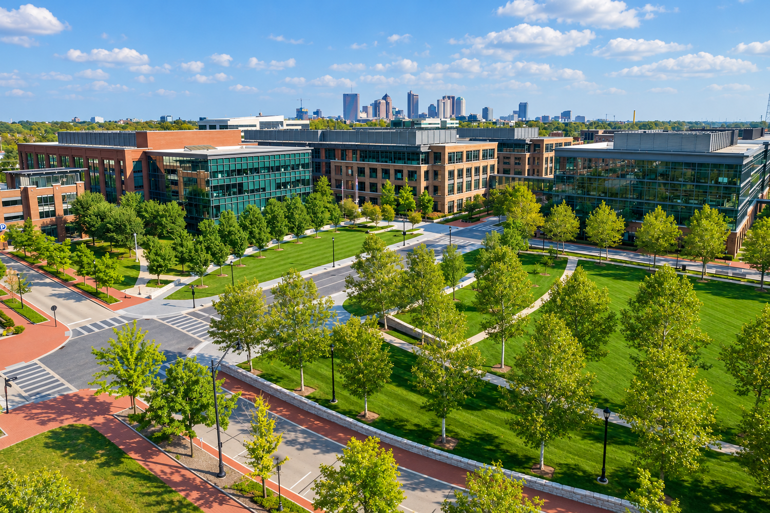 Ray E. DeGraw Park and modern buildings at Grandview Yard.