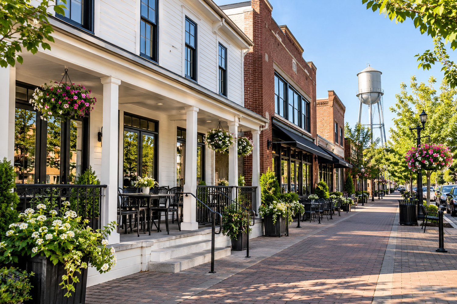 Shops and sidewalk in Old Hilliard, Ohio.