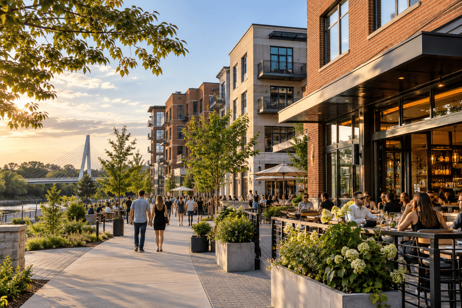 Dining terraces and pedestrian space at Bridge Park in Dublin, Ohio.