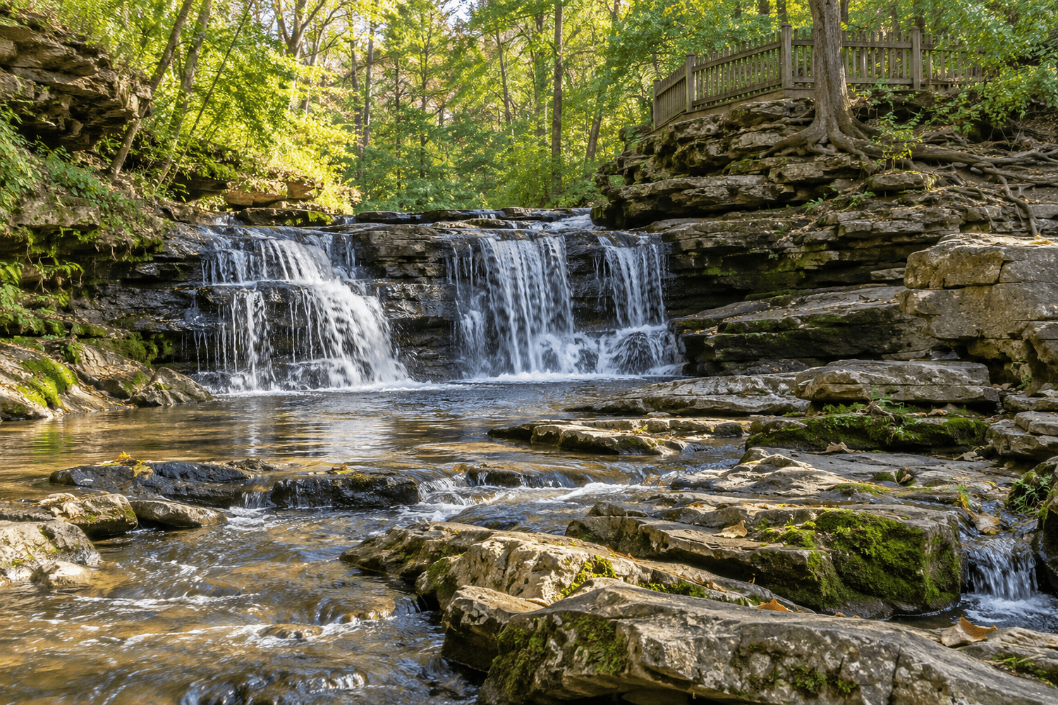 Indian Run Falls and wooded limestone creek in Dublin, Ohio.