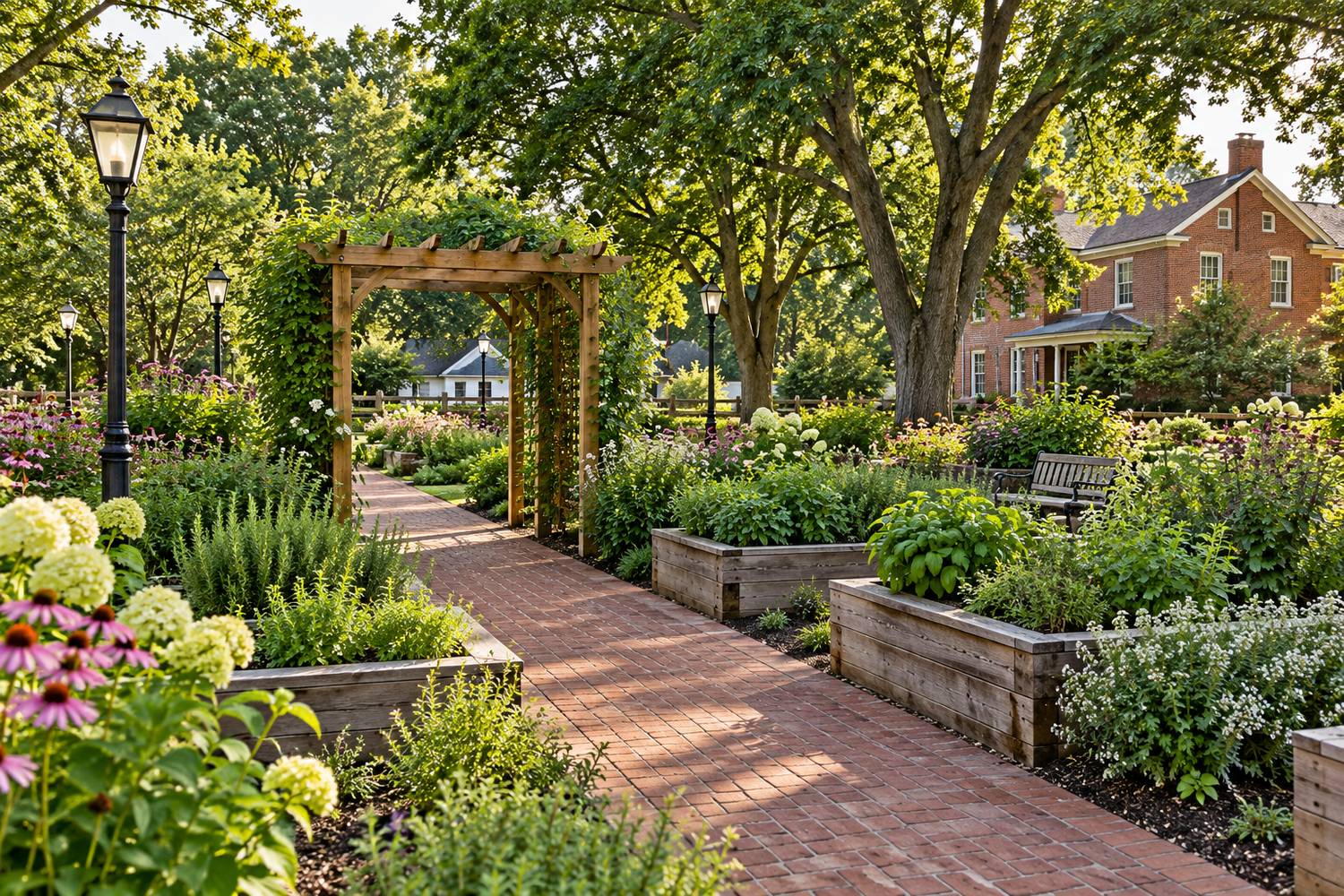 Herb gardens and brick paths at Gantz Park in Grove City.