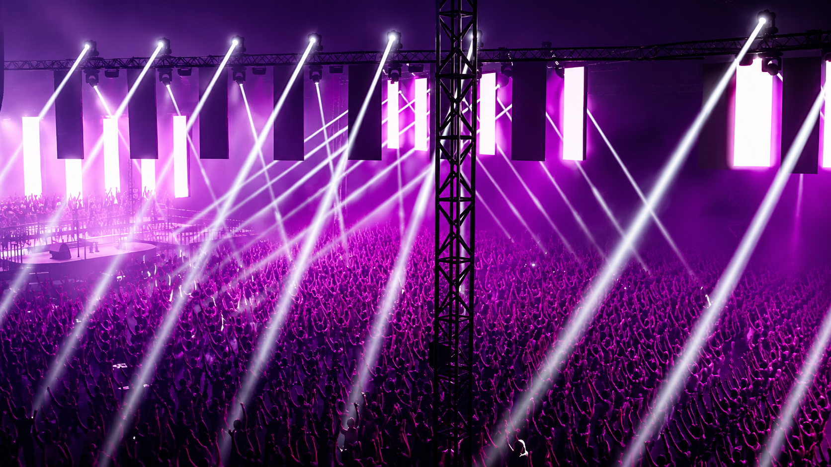 Production render of the Reboot XL main stage - LED columns and beam lighting over the crowd