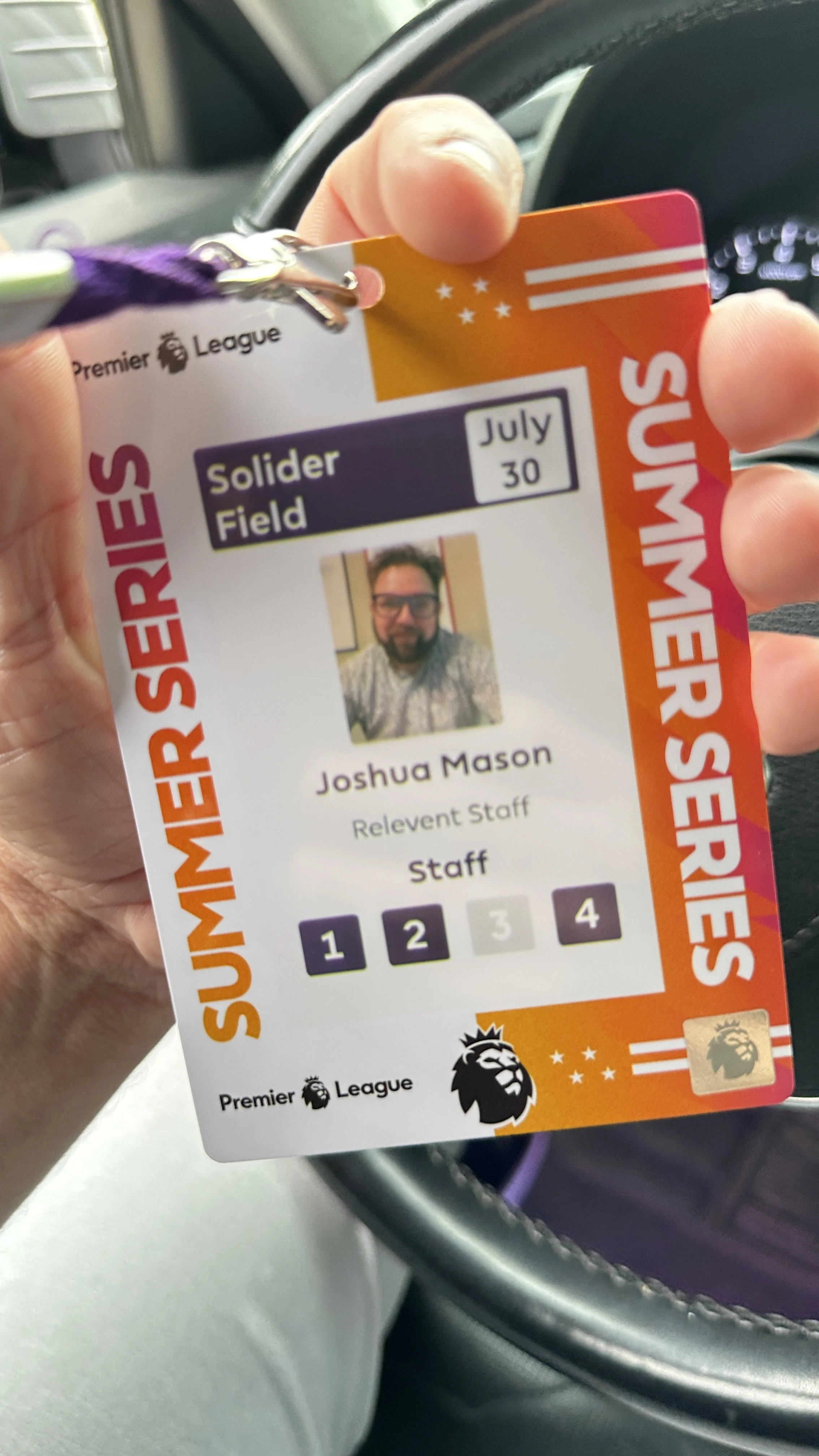 Premier League Summer Series staff credential for Joshua Mason at Soldier Field