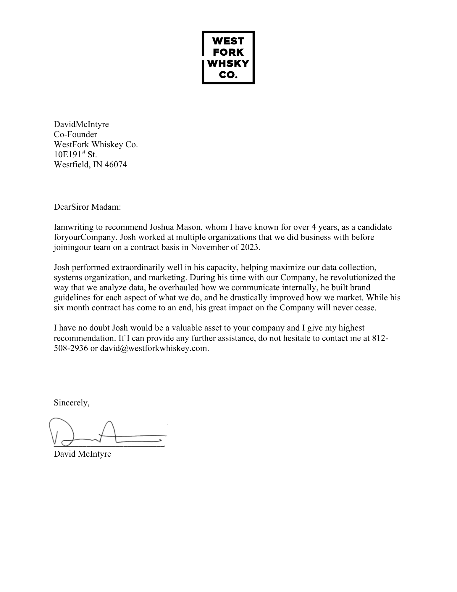 Full recommendation letter for Joshua Mason from David McIntyre, Co-Founder of West Fork Whiskey Co.