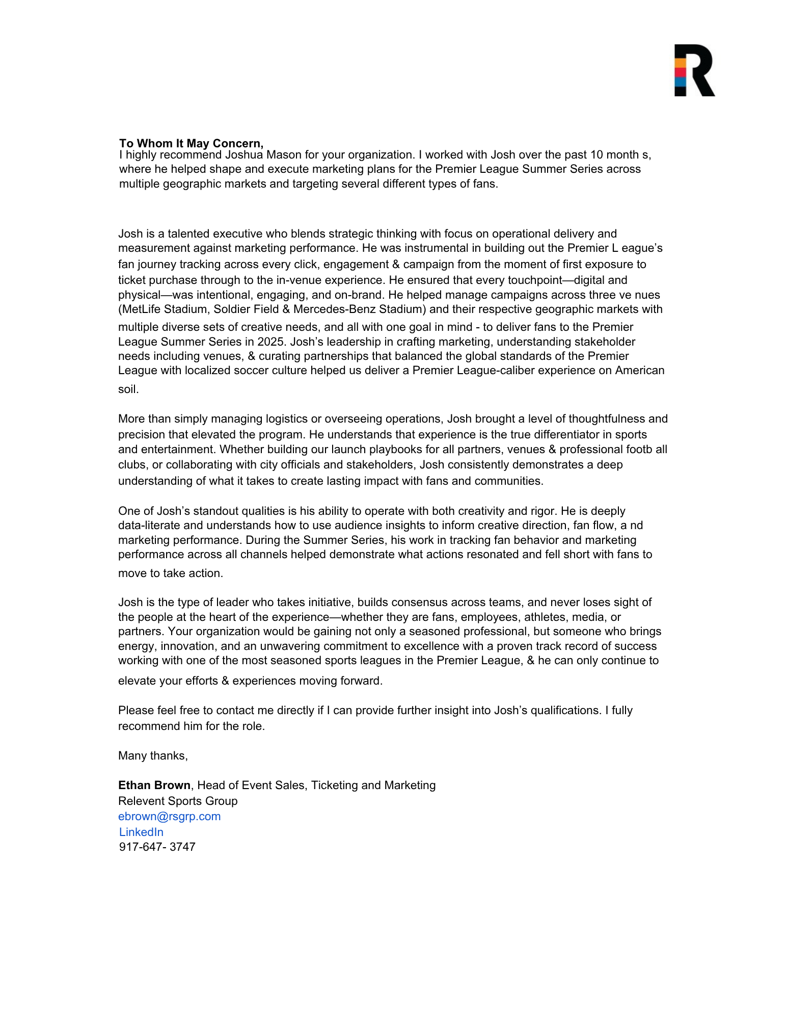 Full recommendation letter for Joshua Mason from Ethan Brown, Head of Event Sales, Ticketing and Marketing at Relevent Sports Group