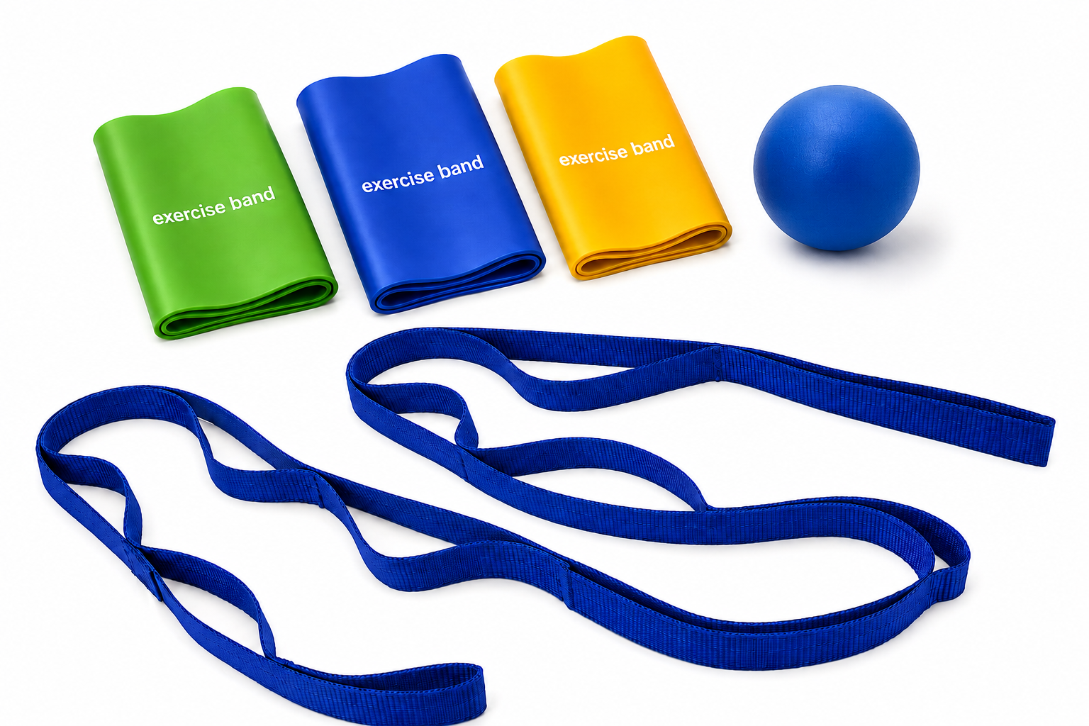 Recovery kit: three exercise bands, a stretch strap, and a 2.5-inch massage ball