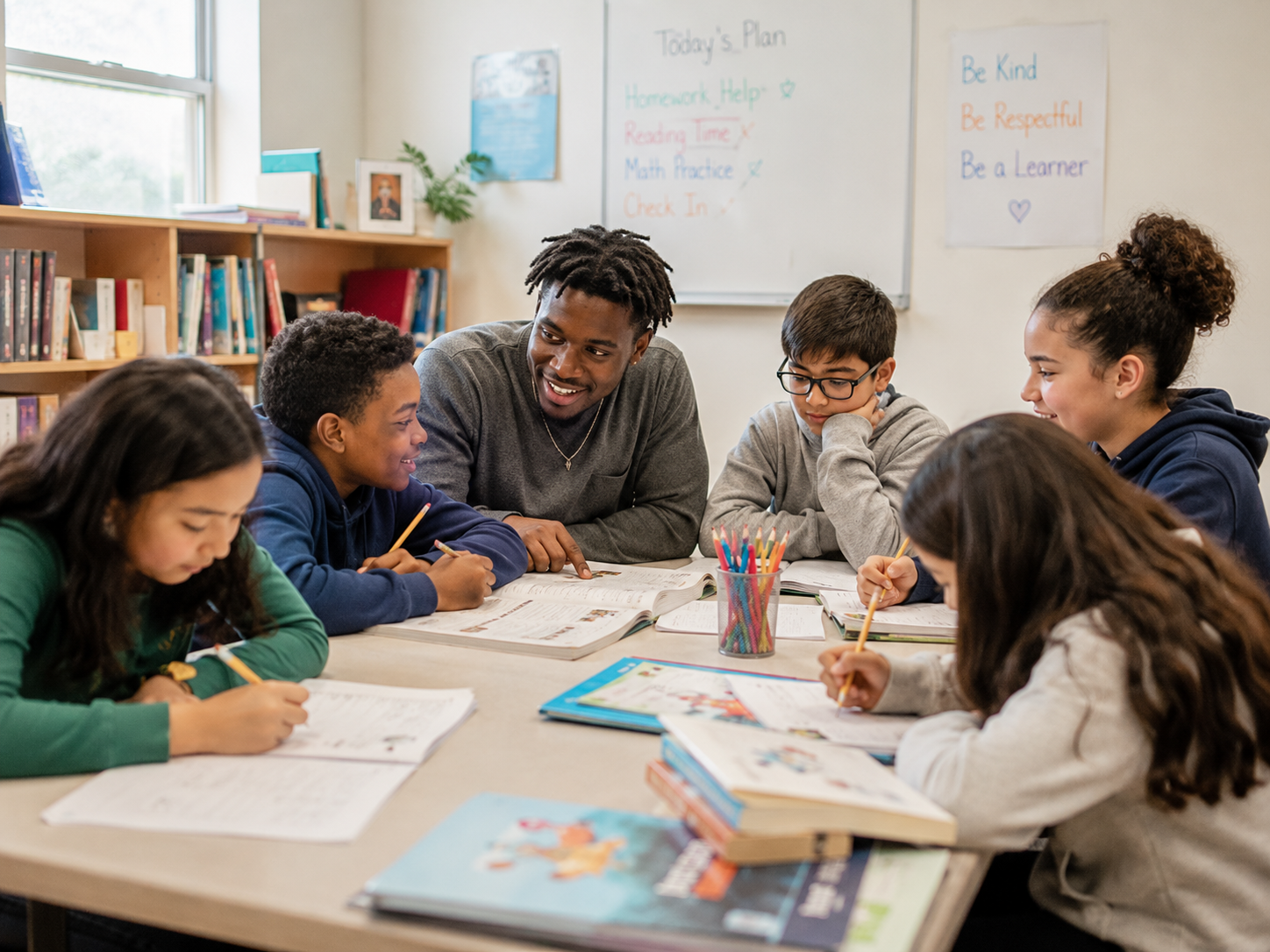 Mentor helping a group of young people with homework