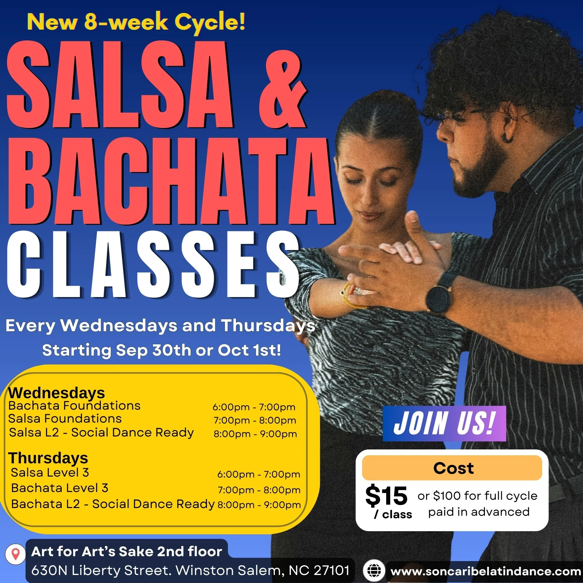 New 8-week cycle flyer — Salsa & Bachata classes