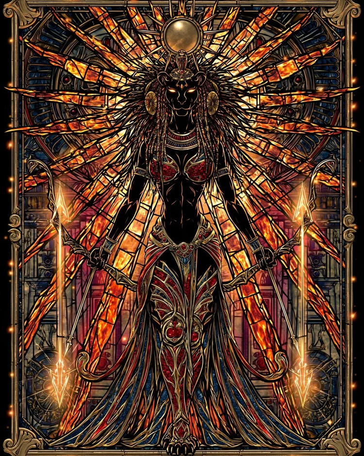 Sekhmet standing with a lioness face and a mane of molten orange blades merging into a solar corona