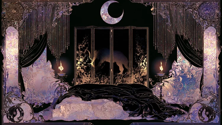 A Tang bedchamber with a folding screen painted with the silhouette of a trunked beast