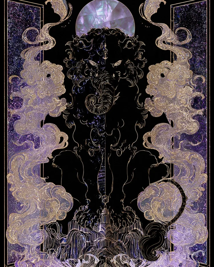 The mo in black silhouette with a curled trunk and pale tusks among gold cloud scrolls