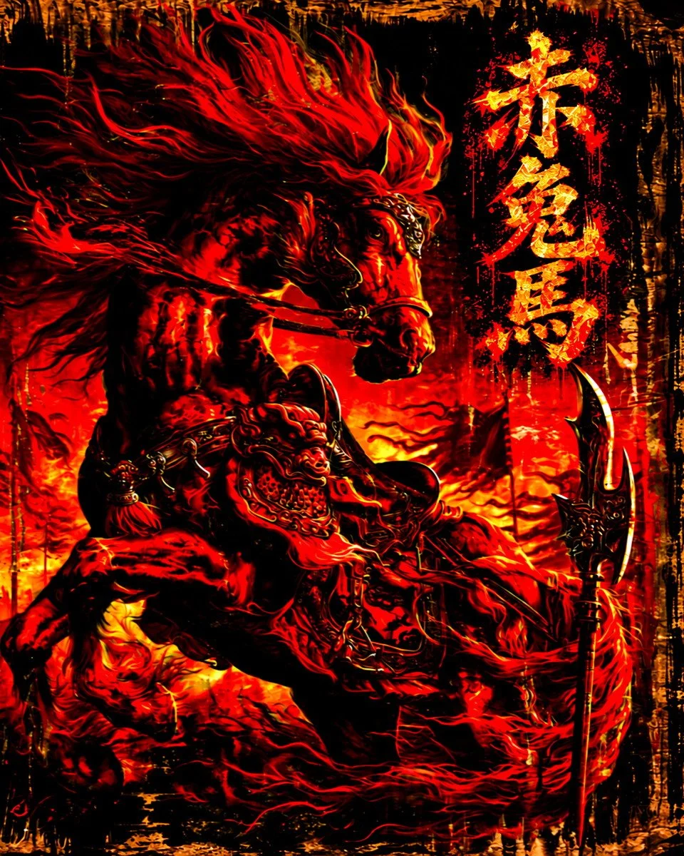 Red Hare, the engine of war. A crimson warhorse rears in fire, mane and tail streaming, wearing an ornate Han bridle and a lion-masked saddle, with a crescent-bladed halberd planted beside it and the name 赤兔馬 burning in gold.