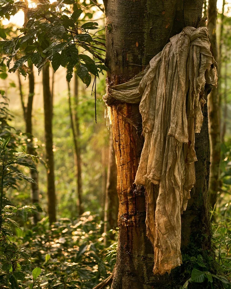 The trunk of a Myroxylon tree tapped for Peru balsam.