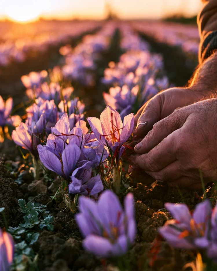 Purple crocus flowers showing the red saffron stigmas.
