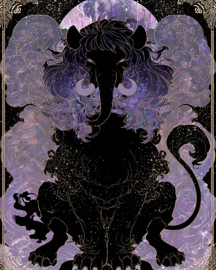 The baku chimera in heraldic pose with trunk, tusks, mane and tiger paws