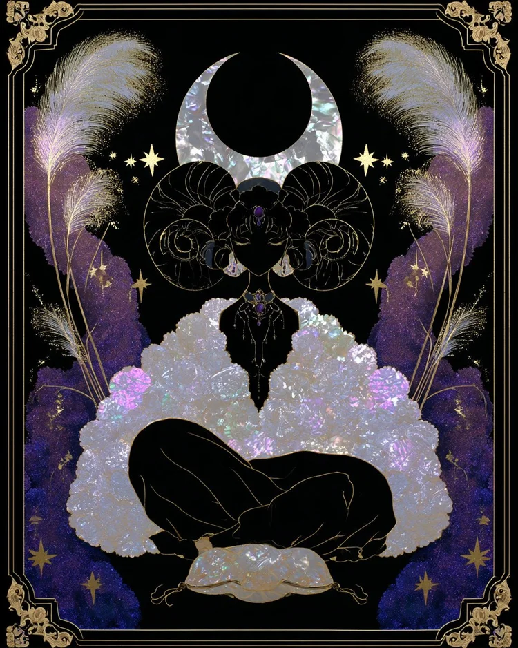 A horned woman in black silhouette with curled ram horns and a body of iridescent fleece