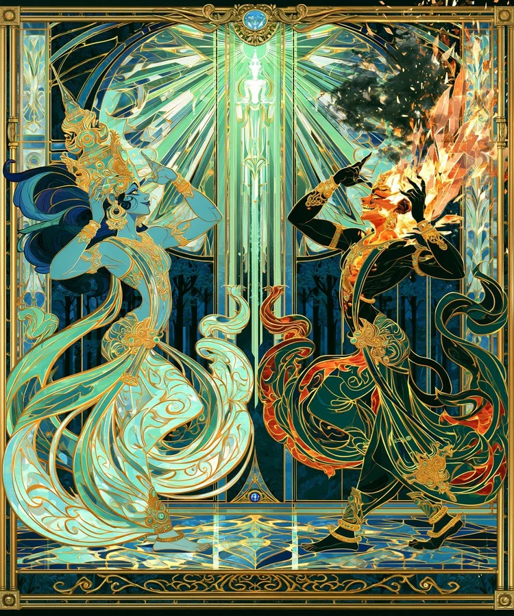 Mohini and the fiery demon Bhasmasura in mirrored dance, each with a hand raised to their own head