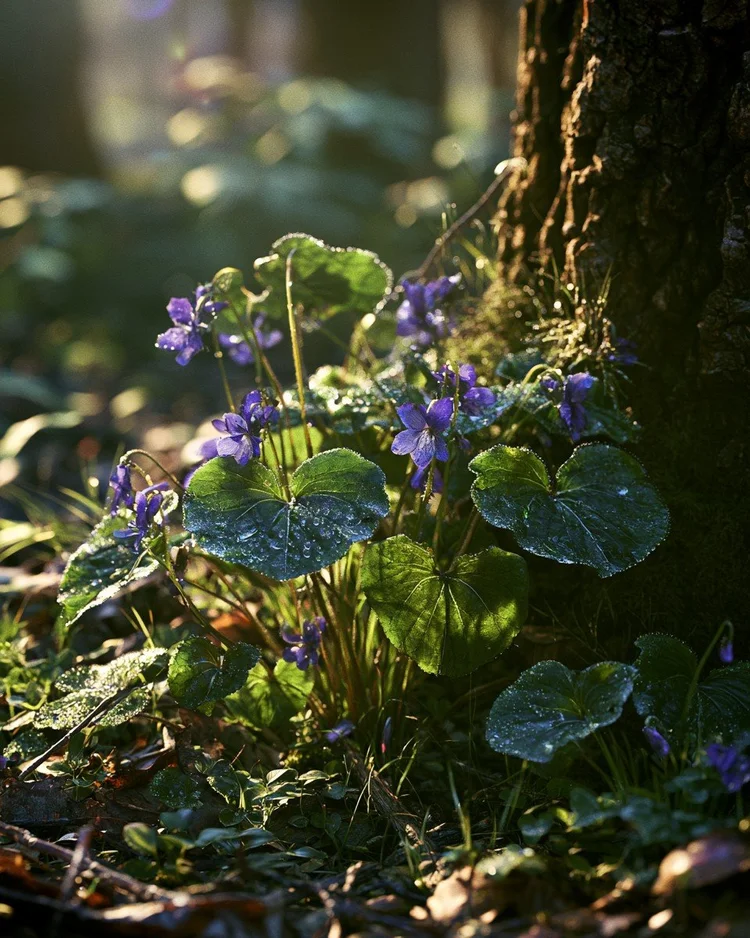Heart-shaped violet leaves low among the undergrowth.