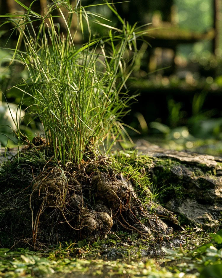 The dark nut-grass roots of cypriol, nagarmotha.