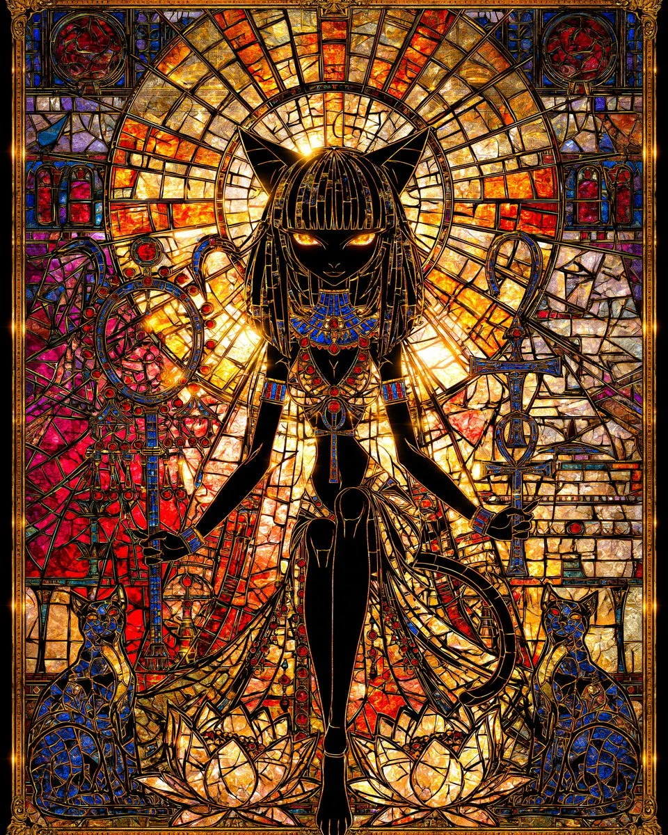Bastet, the Eye of Ra, as a stained glass panel. A black cat-headed goddess in a lapis and carnelian collar stands with her arms open before a blazing gold rose window, flanked by ankhs and seated cats, lotus blooms at her feet, inside an ornate gilt border.