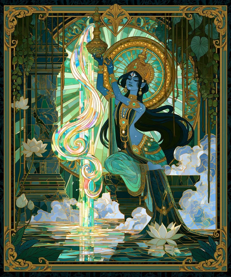 Mohini, blue-skinned and crowned in gold, pouring the nectar of immortality as an iridescent ribbon
