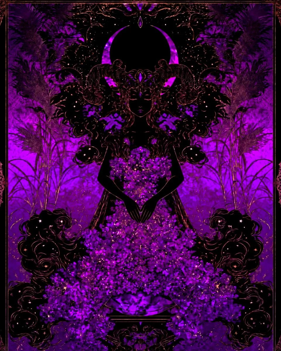 Dream Eater in amethyst and gold. A horned figure silhouetted in black beneath a crescent moon holds a cascade of violet blossoms that spills down the panel, with plumed grasses and star-flecked clouds crowding the margins.