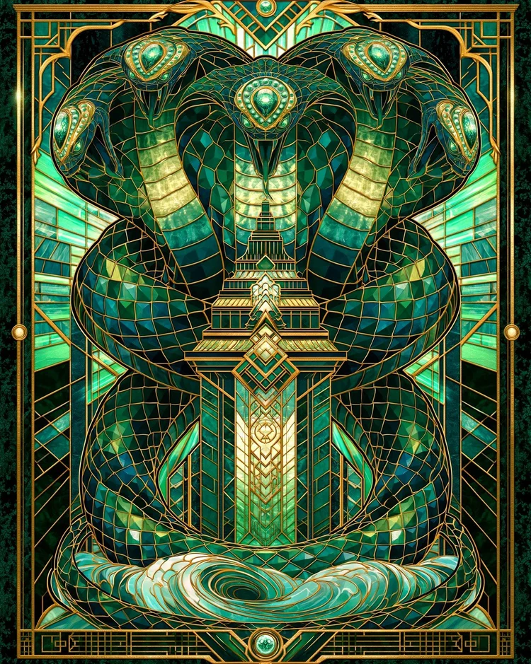 Vasuki, a five-hooded cobra in green and gold, coiled around a temple pillar