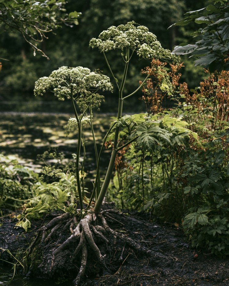 The tall flowering umbels of the angelica herb.