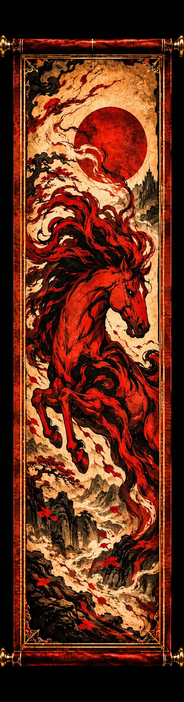 Hanging scroll banner in crimson and black ink, a fiery warhorse leaping forward with mane and tail streaming, a deep red sun behind it and black ink mountains and red maple below, on aged parchment.