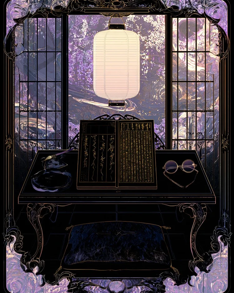 A Meiji writing desk with an inkstone, a brush, an open manuscript and round spectacles