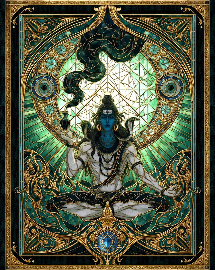 Shiva in meditation, ash-pale with a blue throat, lifting the dark vessel of poison