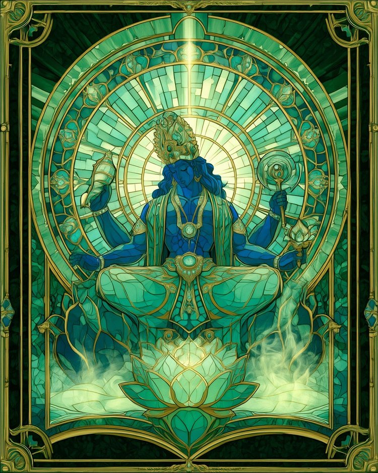 Vishnu enthroned in a mandala of jade and gold, holding conch, discus and lotus
