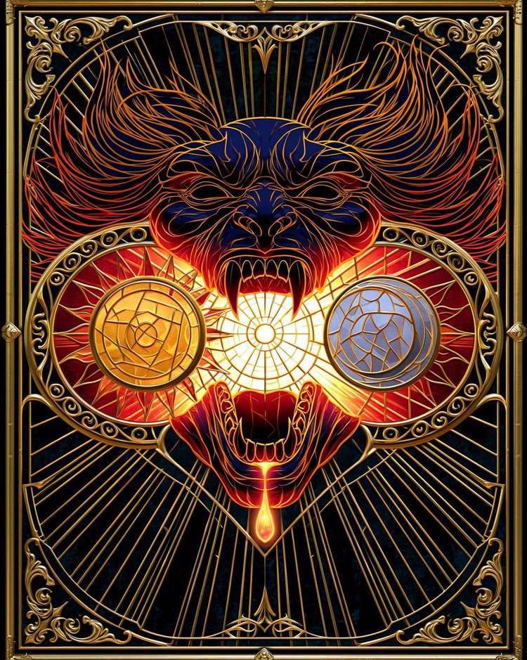 Rahu, a severed immortal head with fiery hair, swallowing the sun and the moon