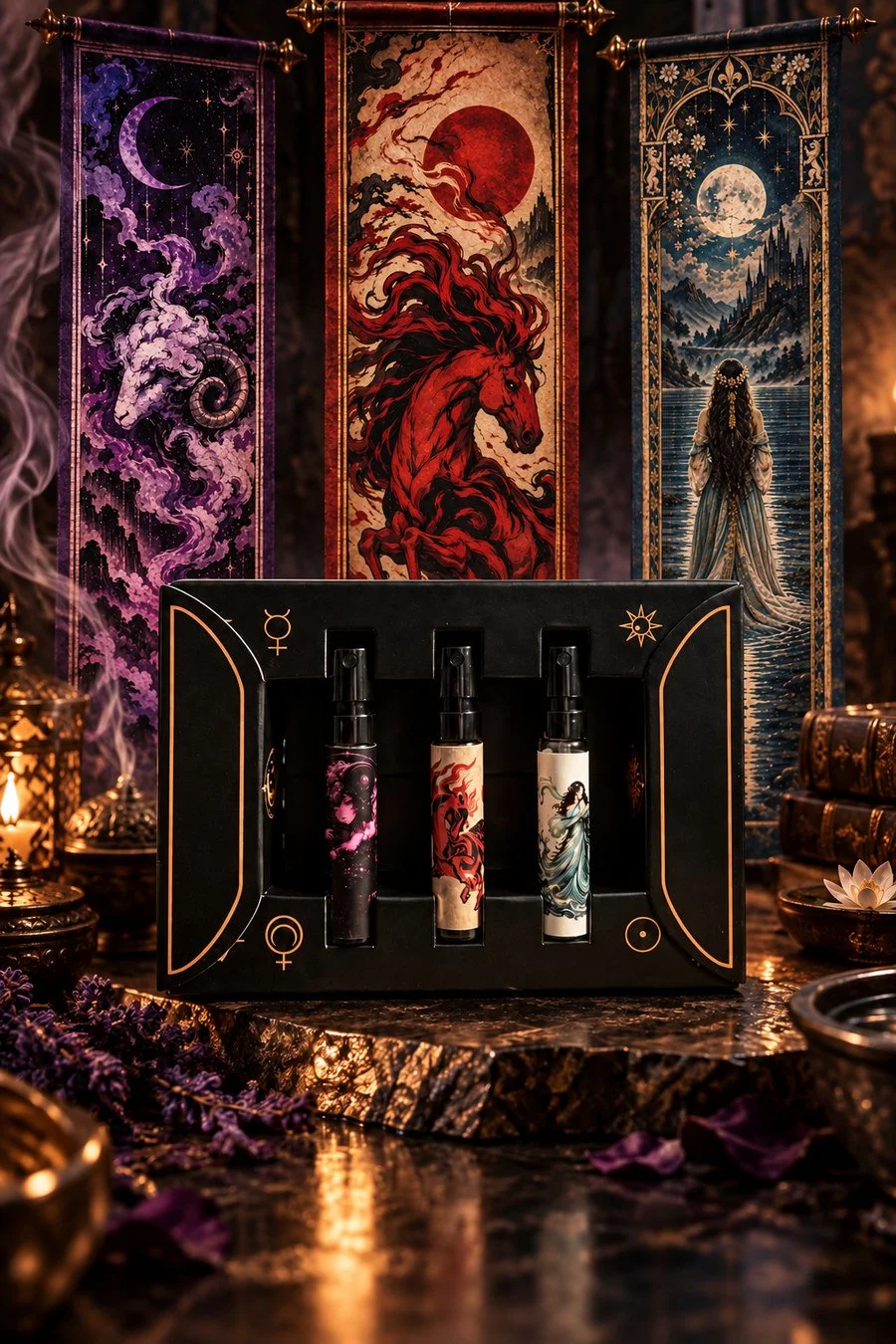 The Ashenfume Discovery Set Volume I open on polished stone, three labelled glass atomizers standing in the black tray with gold planetary sigils on the doors, the three painted scroll banners hanging behind amid candlelight and incense smoke.