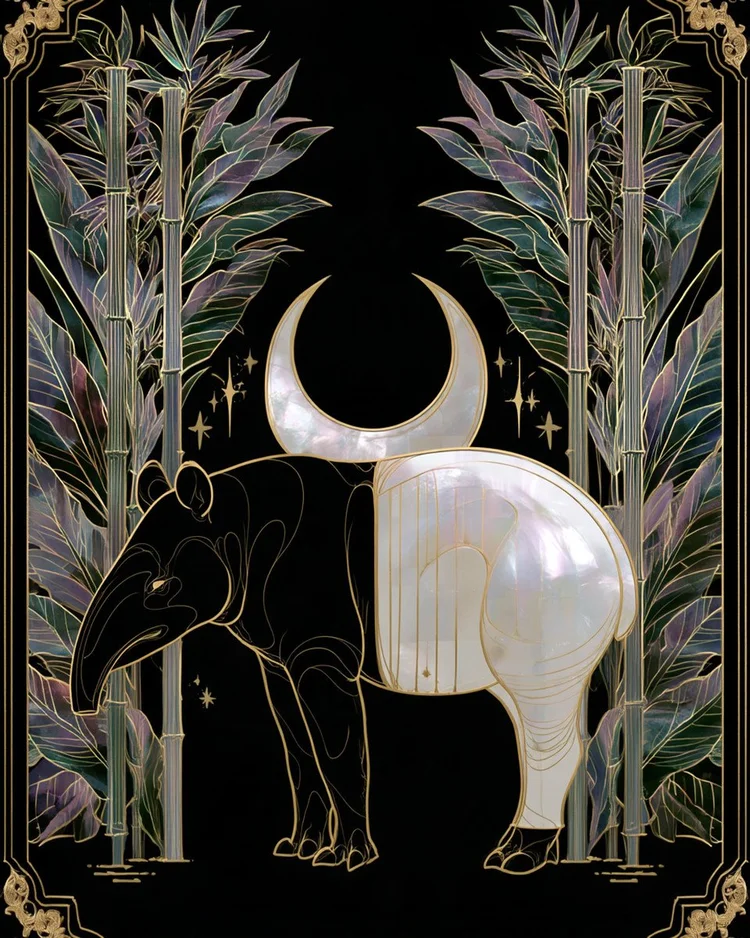 A Malayan tapir in profile, its saddle divided between lacquer black and iridescent shell