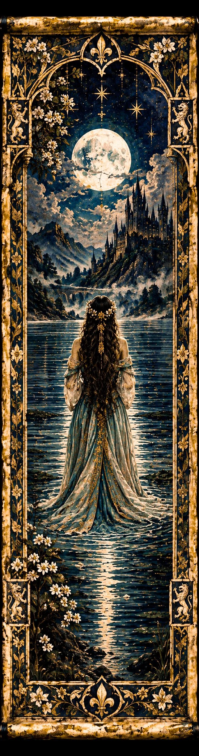 Hanging scroll banner in blue and gold, a dark haired woman in a pale gown standing with her back turned in a moonlit lake, her train dissolving into the water, a spired castle on the far hillside beneath a full moon, framed by a gilded gothic border of white blossoms and lions.