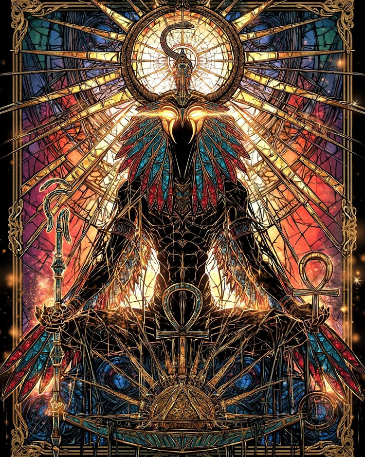 Ra enthroned, falcon-eyed and crowned with the sun-disc and uraeus, gold rays fanning outward