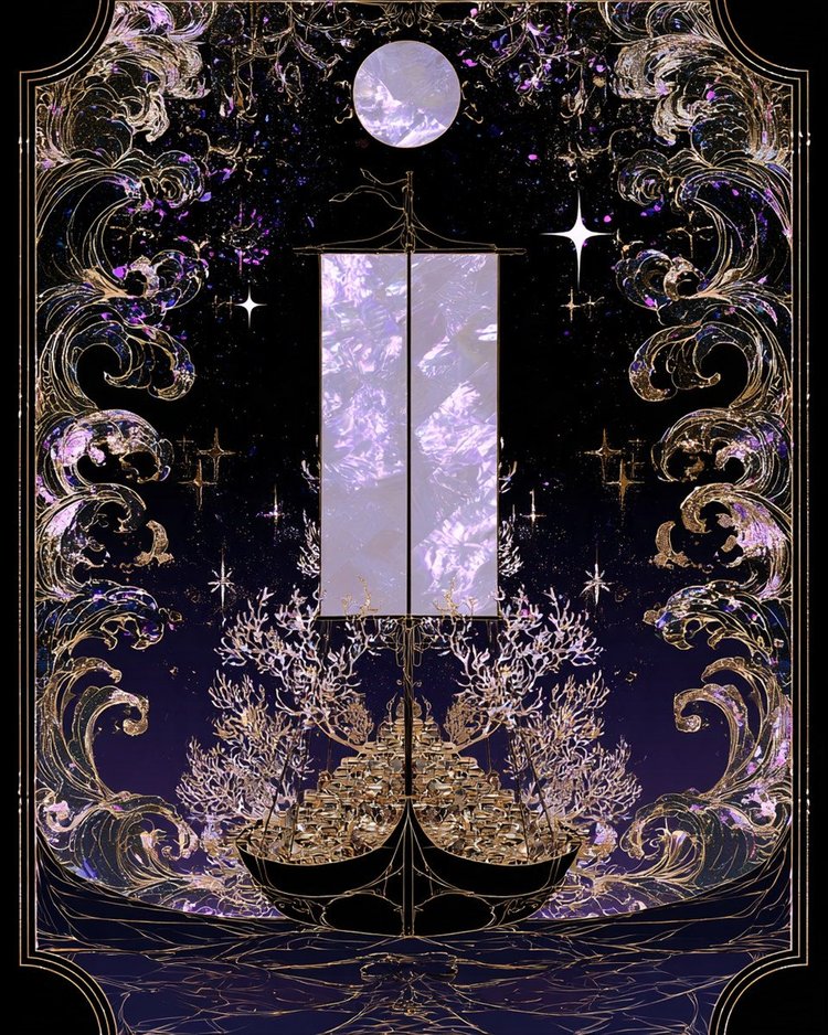 The treasure ship heaped with gold under a mother-of-pearl moon, its sail left blank