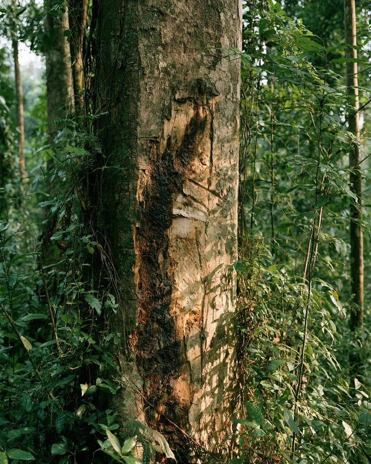 An Aquilaria tree with dark resin-streaked agarwood at its wounded heart.