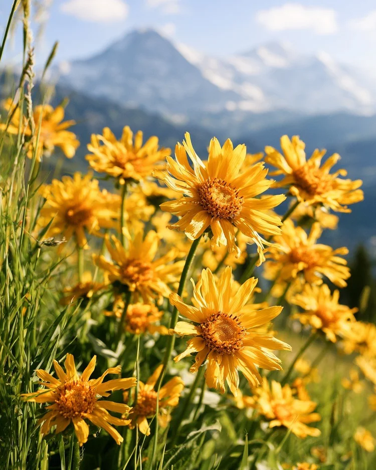 Golden arnica daisies in a high mountain meadow.