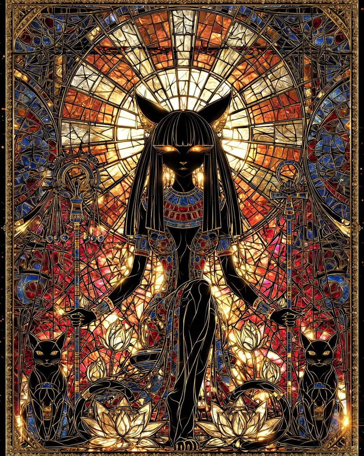 Bastet enthroned in black silhouette before a radiant sun-disc, black cats mirrored at her sides