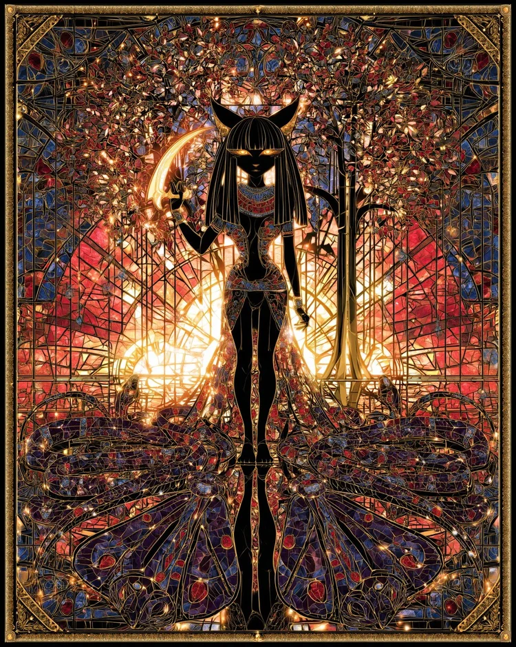 The Great Cat of Ra raising a gold knife beneath the sacred tree over the coils of the serpent Apep
