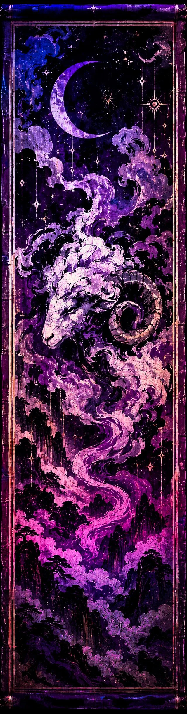 Hanging scroll banner in violet and magenta, a pale sleeping ram's head with one heavy spiral horn rising out of billowing cloud beneath a crescent moon and gold stars, the cloud pouring down into dark pine ridges below.