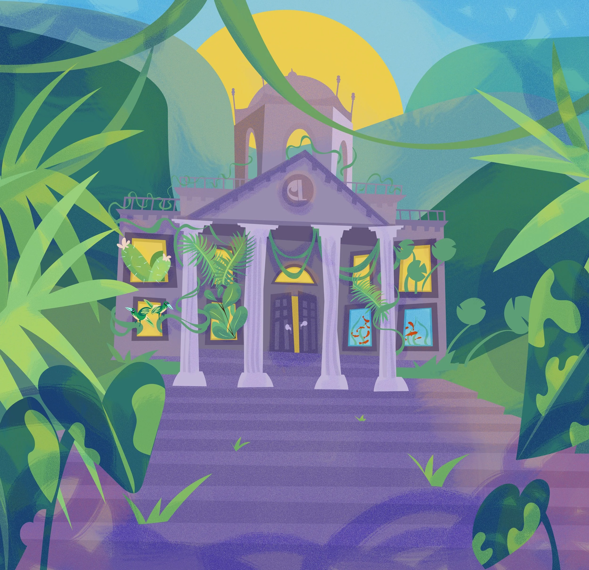 A classical building surrounded by lush tropical vegetation, representing environmental law and remedies.