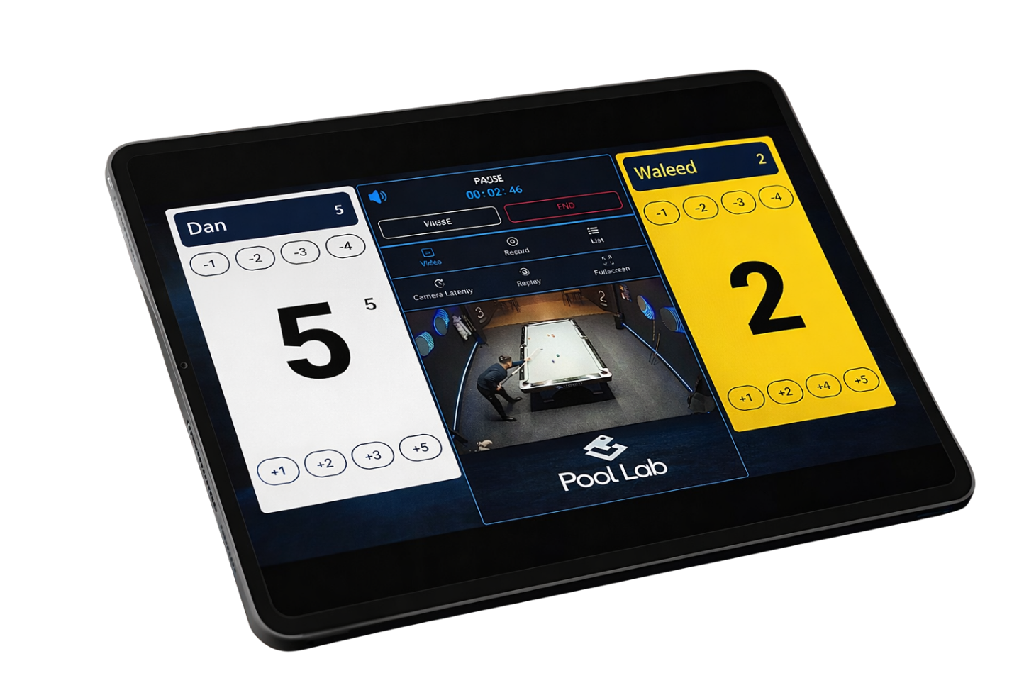Pool Lab tablet digital scoreboard showing a pool match score, match recording and instant replay
