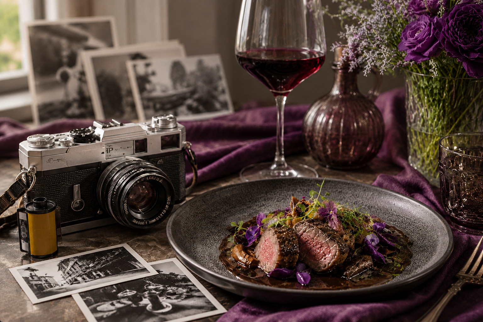 Violet concept still life with photography, plum linens and a composed plate