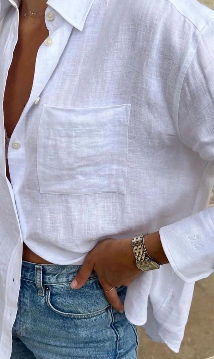 White linen, denim and a gold watch, a detail from Lauren’s visual moodboard