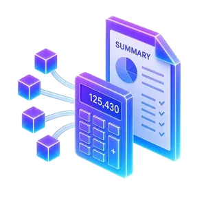 Calculator, annual report and digital blocks illustrating crypto income reconciliation.